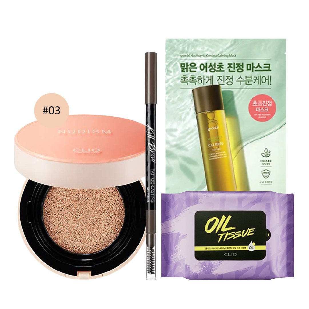 Combo Chì Kẻ Mày & Phấn Nước Dưỡng Ẩm Clio Nudism Moist Cover Cushion Màu 03 Linen