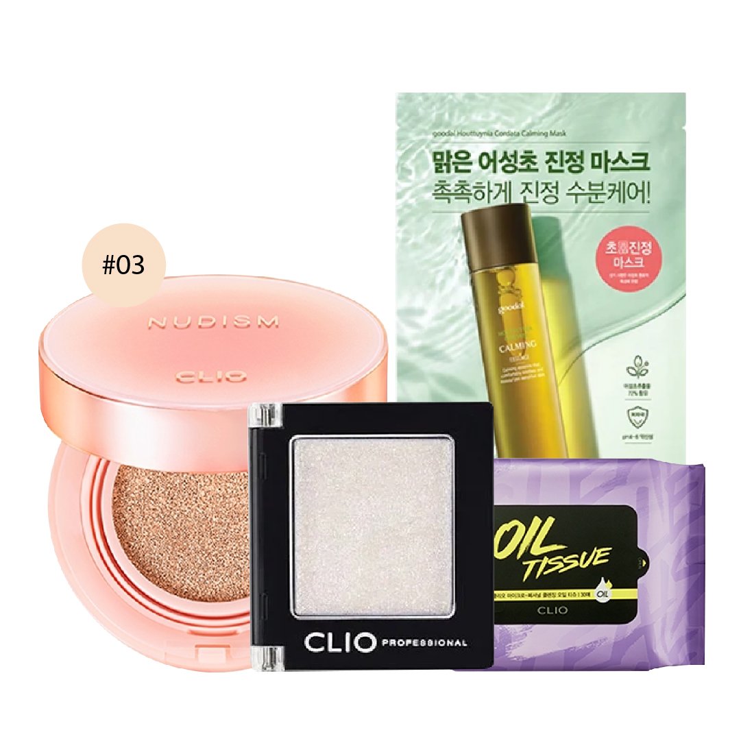 Combo Màu Mắt Ánh Nhũ & Phấn Nước Che Phủ Cao Clio Nudism Hyaluronic Cover Cushion Màu 03 Linen