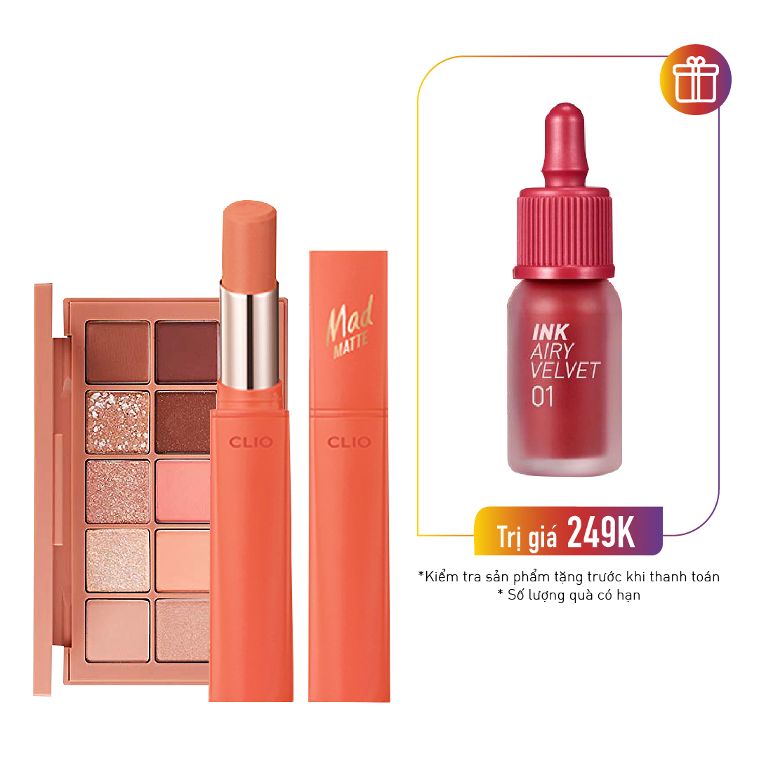 Combo Màu Mắt Trang Điểm Clio Pro Eye Palette Clio #03 Coral Talk & Son Thỏi Lì Clio Mad Matte Stain #01 Coral Reef