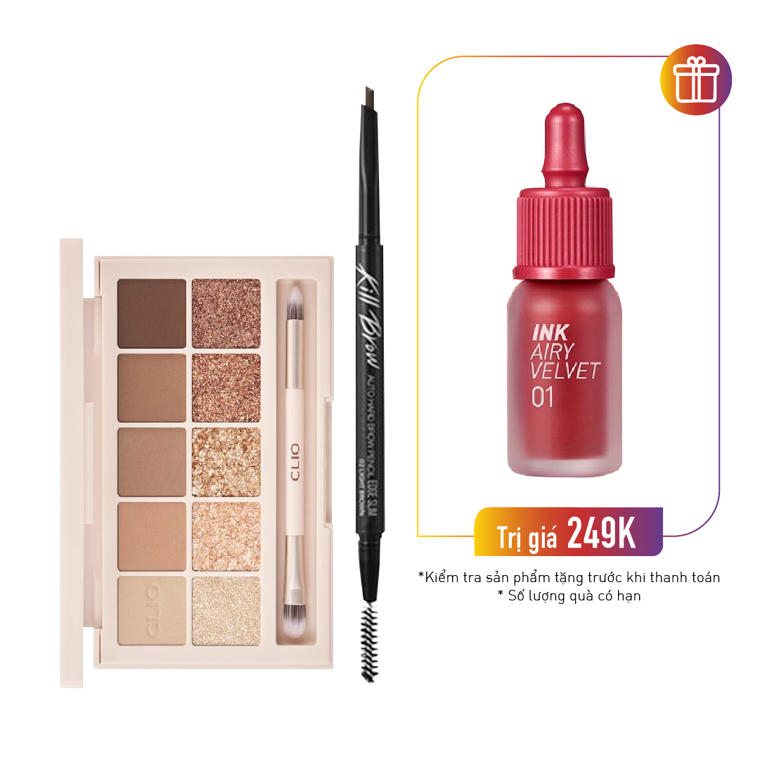 Combo Màu Mắt Trang Điểm Clio Pro Eye Palette Clio # 08 Into Lace & Chì Kẻ Chân Mày Clio Kill Brow Auto Hard #001 Natural Brown