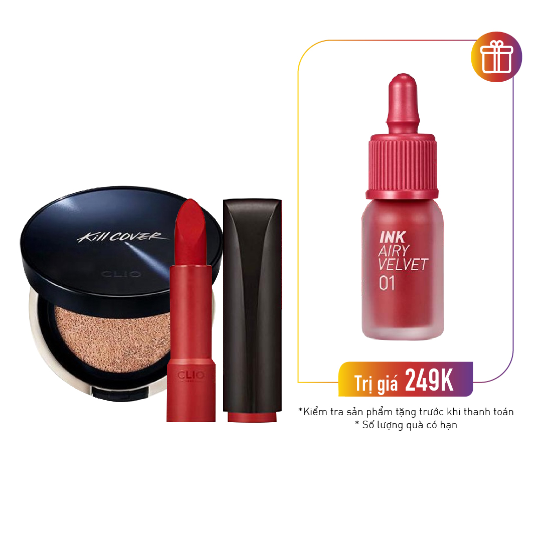 Combo Phấn Nước Làm Mịn Lỗ Chân Lông Clio Kill Cover All New # 3 - By Linen & Son Thỏi Nhung Mịn Clio Rouge Heel Velvet #01 Red To Go