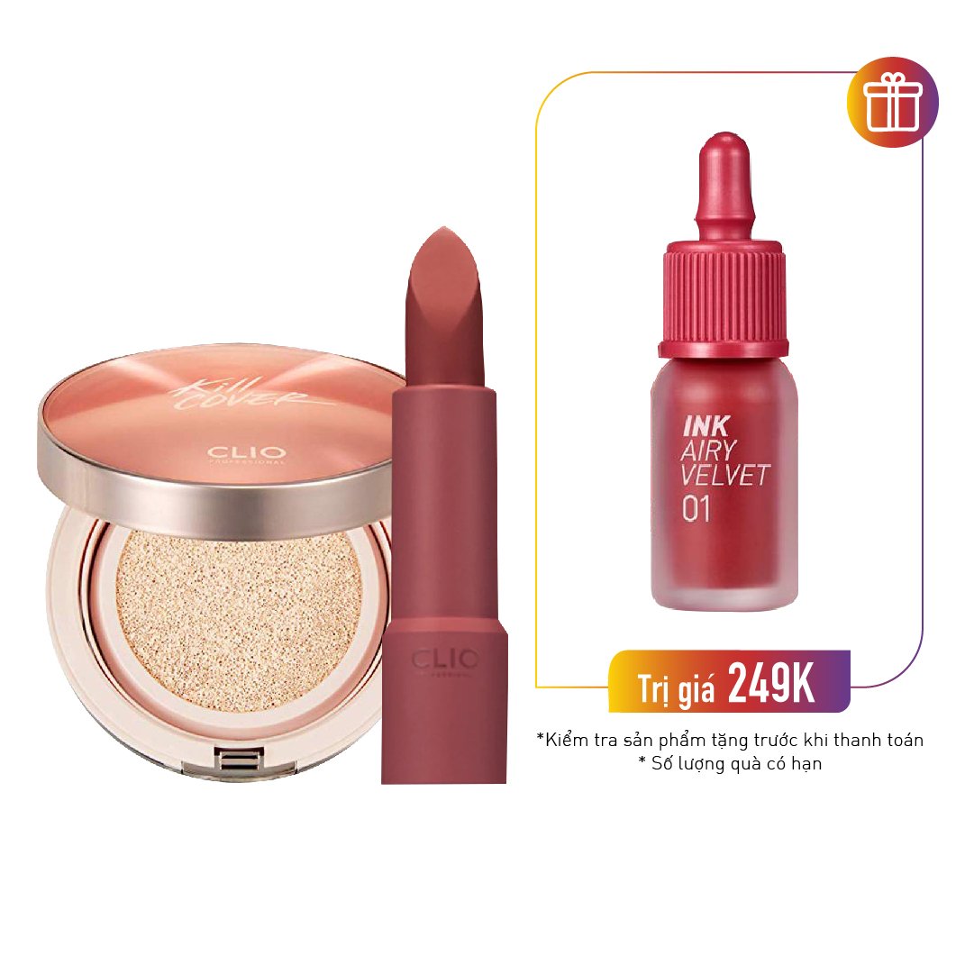 Combo Phấn Nước Hiệu Ứng Căng Bóng Clio Kill Cover Glow #03 Linen & Son Thỏi Nhung Mịn Clio Rouge Heel Velvet #23 Cinnamon Deep