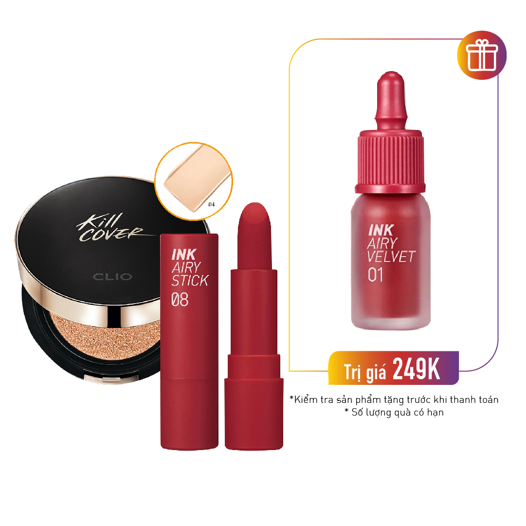 Combo Phấn Nước Kiềm Dầu Lâu Trôi Clio Kill Cover Fixer #04 Ginger & Son Thỏi Peripera Ink Airy #8 Warmy Red