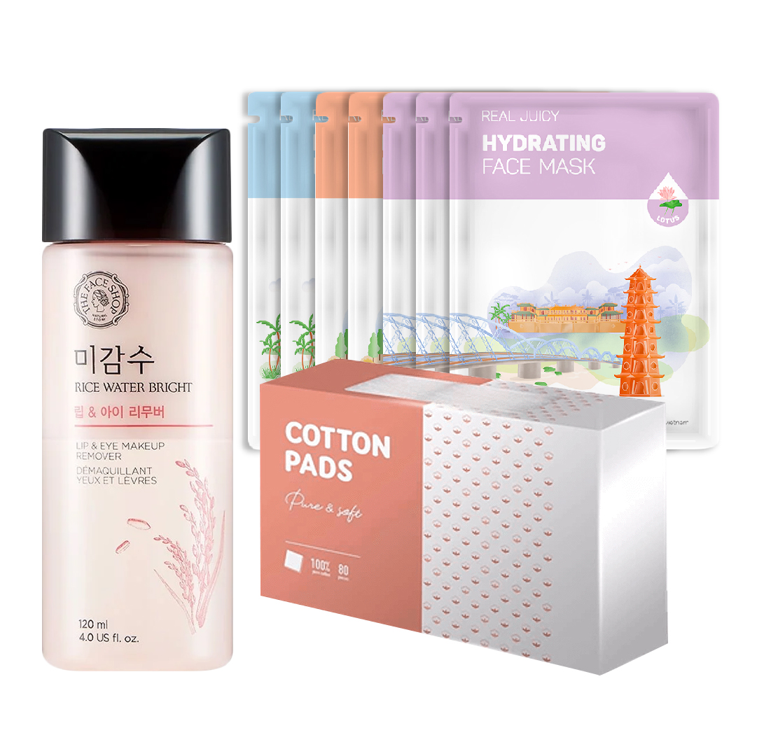 Combo Tẩy Trang Mắt Môi Thefaceshop Rice Water Bright & Mặt Nạ Dưỡng Da Beauty Box (Tặng Bông Cotton)