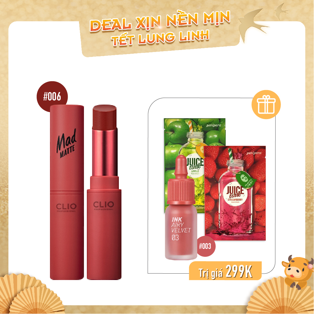 Combo Son Kem Lì & Son Thỏi Lì Clio Mad Matte Lips 06 Sensual Pepper
