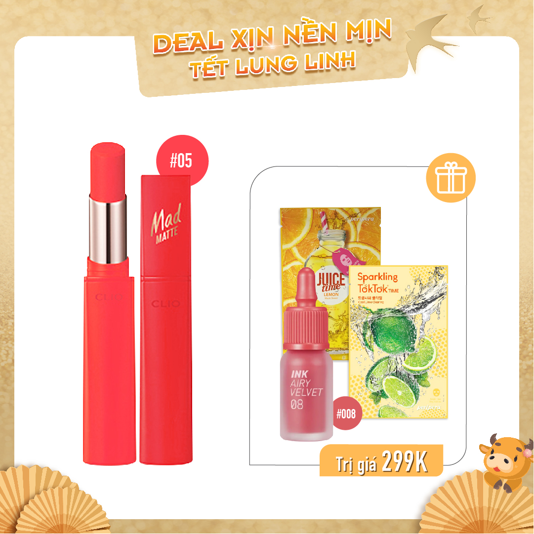 Combo Son Kem & Son Thỏi Hiệu Ứng Lì Nhẹ Clio Mad Matte Stain Lips 05 Red On Red