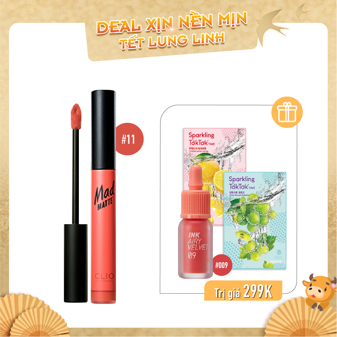 Combo Son Kem Lì Clio Mad Matte Liquid Lip 11 Coralloid (4Pc)