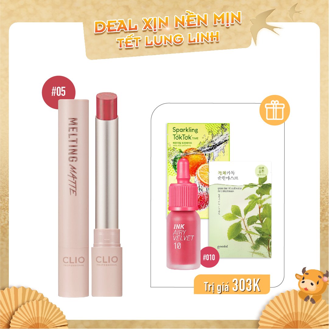 Combo Son Kem & Son Thỏi Lì Clio Melting Matte Lips 05 Rose Spot