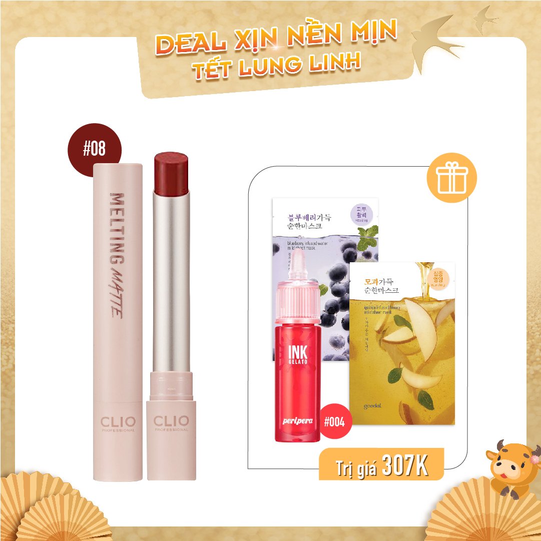 Combo Son Nước & Son Thỏi Lì Clio Melting Matte Lips 08 Berry Pleasure (4Pc)