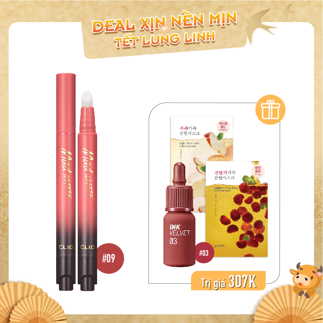 Combo Son Tint & Son Nước Dạng Bấm Clio Mad Matte Stain Tint 09 Juneberry