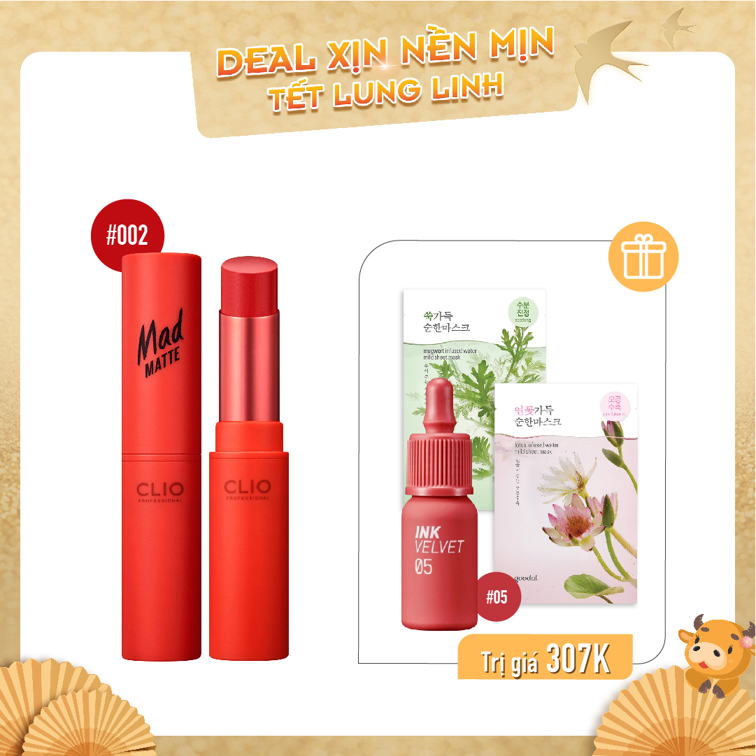 Combo Son Tint & Son Thỏi Lì Clio Mad Matte Lips 002 Sunlit Orange