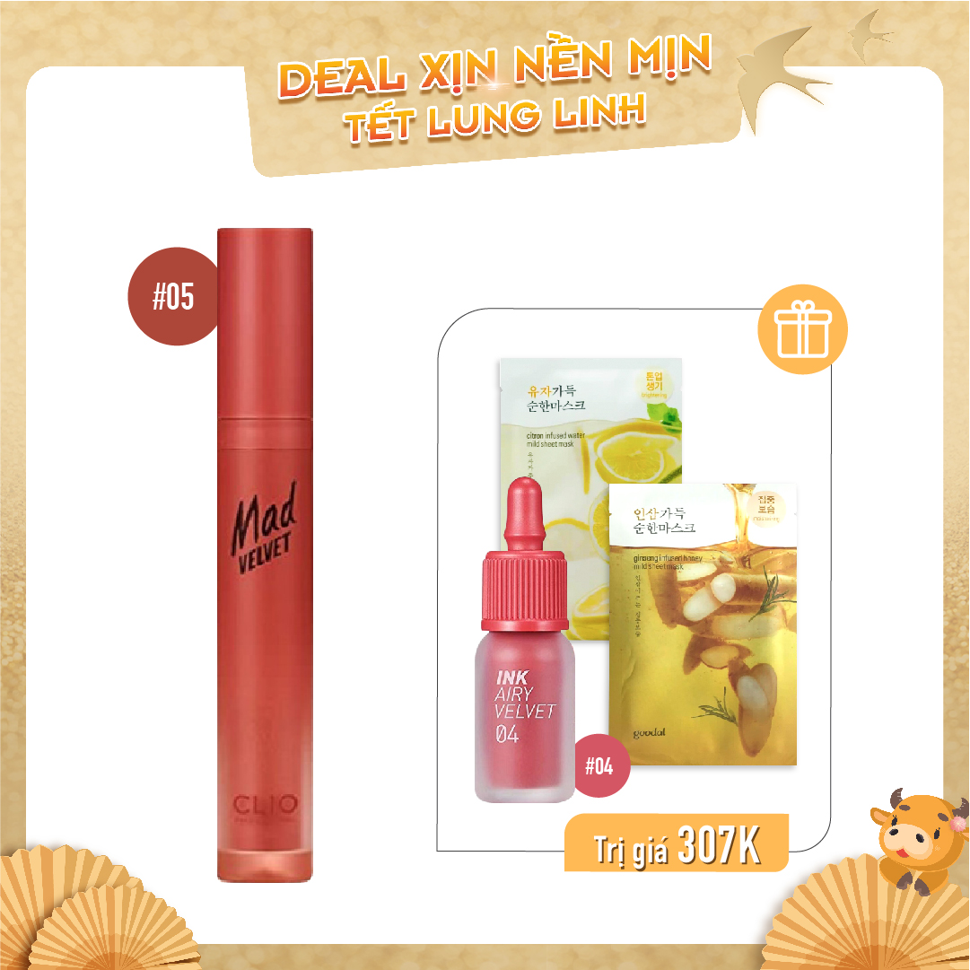 Combo Son Kem Lì Clio Mad Velvet Tint 05 Glazed Mocha (4Pc)