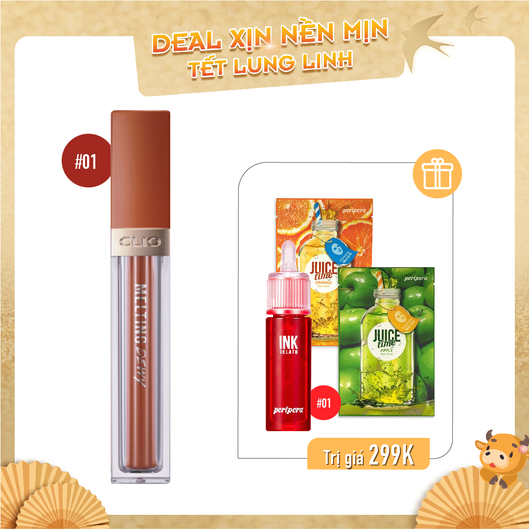 Combo Son Nước & Son Tint Bóng Clio Melting Dewy Tint 01 Red Leather