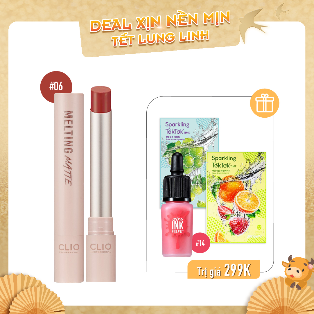 Combo Son Kem & Son Thỏi Lì Clio Melting Matte Lips 06 In To Brick