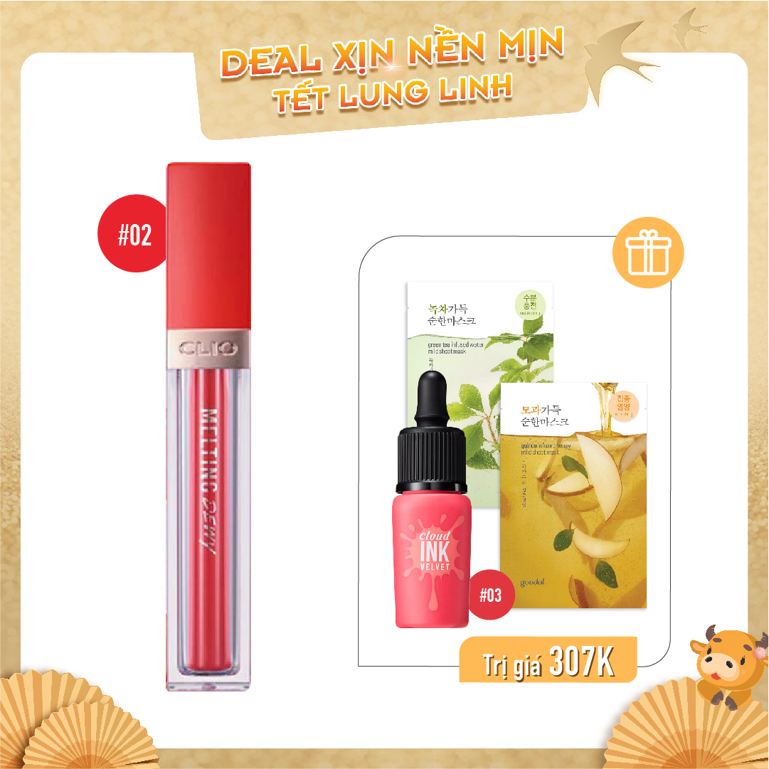 Combo Son Tint Bóng Clio Melting Dewy Tint 02 Flash Moment (4Pc)