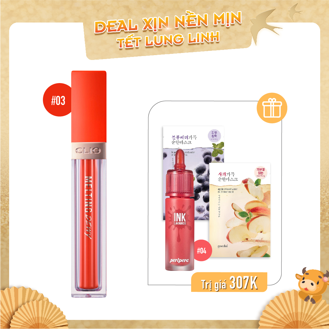 Combo Son Nước & Son Tint Bóng Clio Melting Dewy Tint 03 Hibiscus Tea