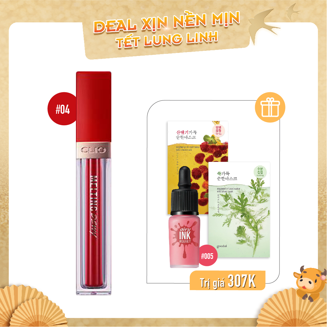 Combo Son Nước & Son Tint Bóng Clio Melting Dewy Tint 04 Red Martini