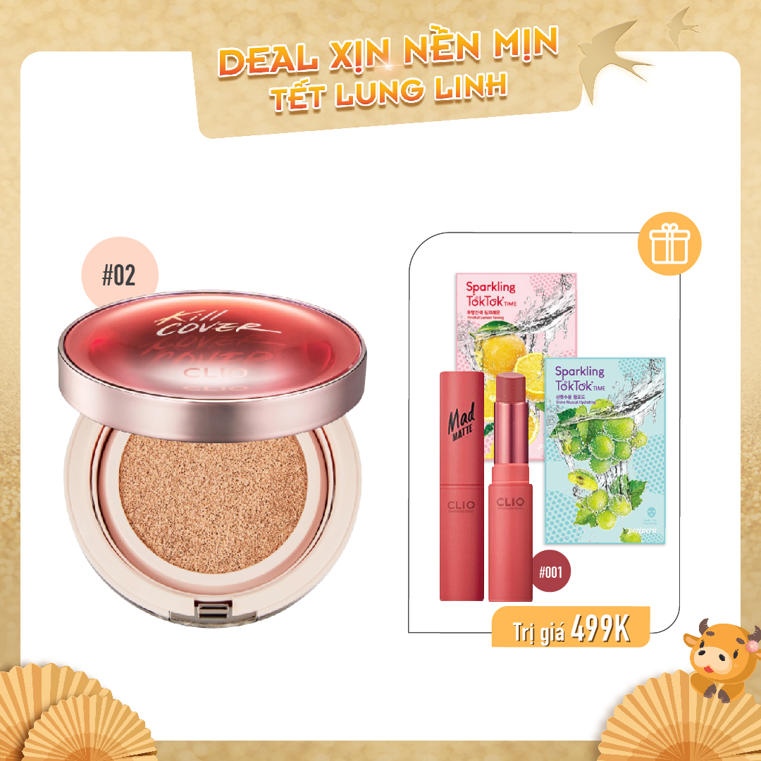 Combo Son Lì & Phấn Nước Hiệu Ứng Căng Mượt Clio Kill Cover Glow Cushion 02 Lingerie