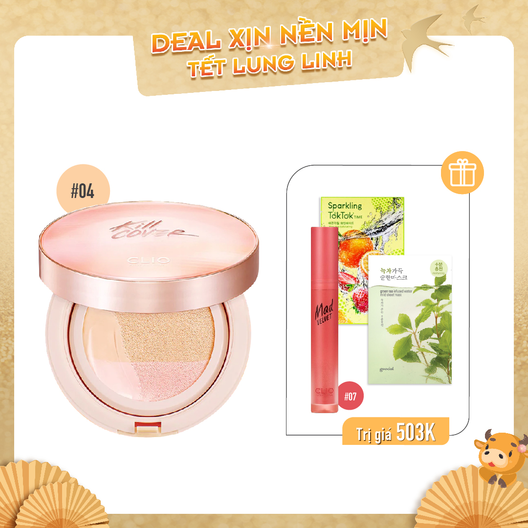 Combo Son Kem & Phấn Nước Hiệu Ứng Căng Bóng Clio Kill Cover Pink Glow Cream Cushion Spf40 Pa++