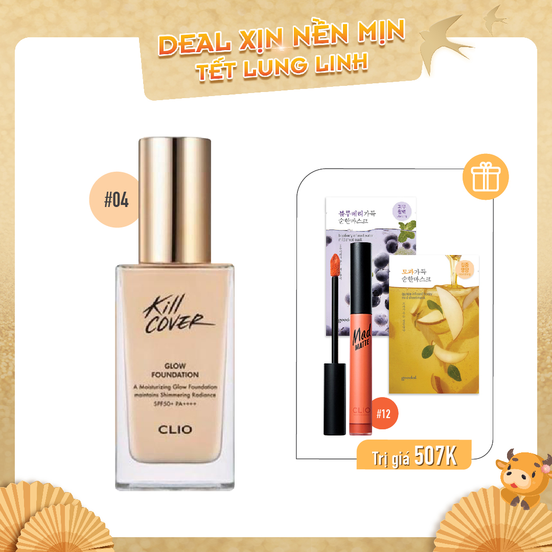 Combo Son Kem & Kem Nền Bóng Mượt Clio Kill Cover Glow Foundation Spf50+ Pa++++ 04 Bo Ginger