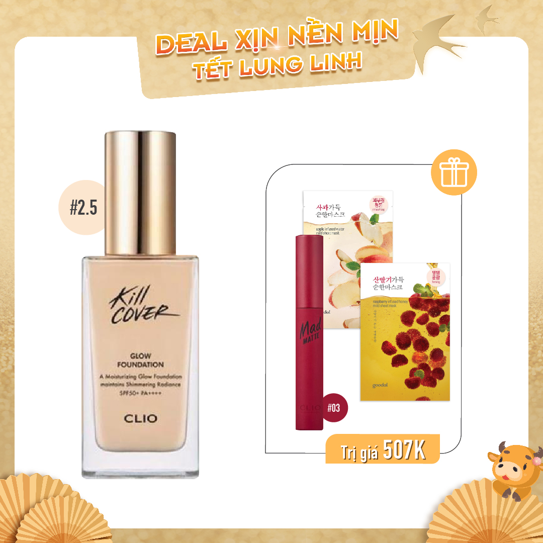 Combo Son Kem & Kem Nền Bóng Mượt Clio Kill Cover Glow Foundation Spf50+ Pa++++ 2.5 By Ivory