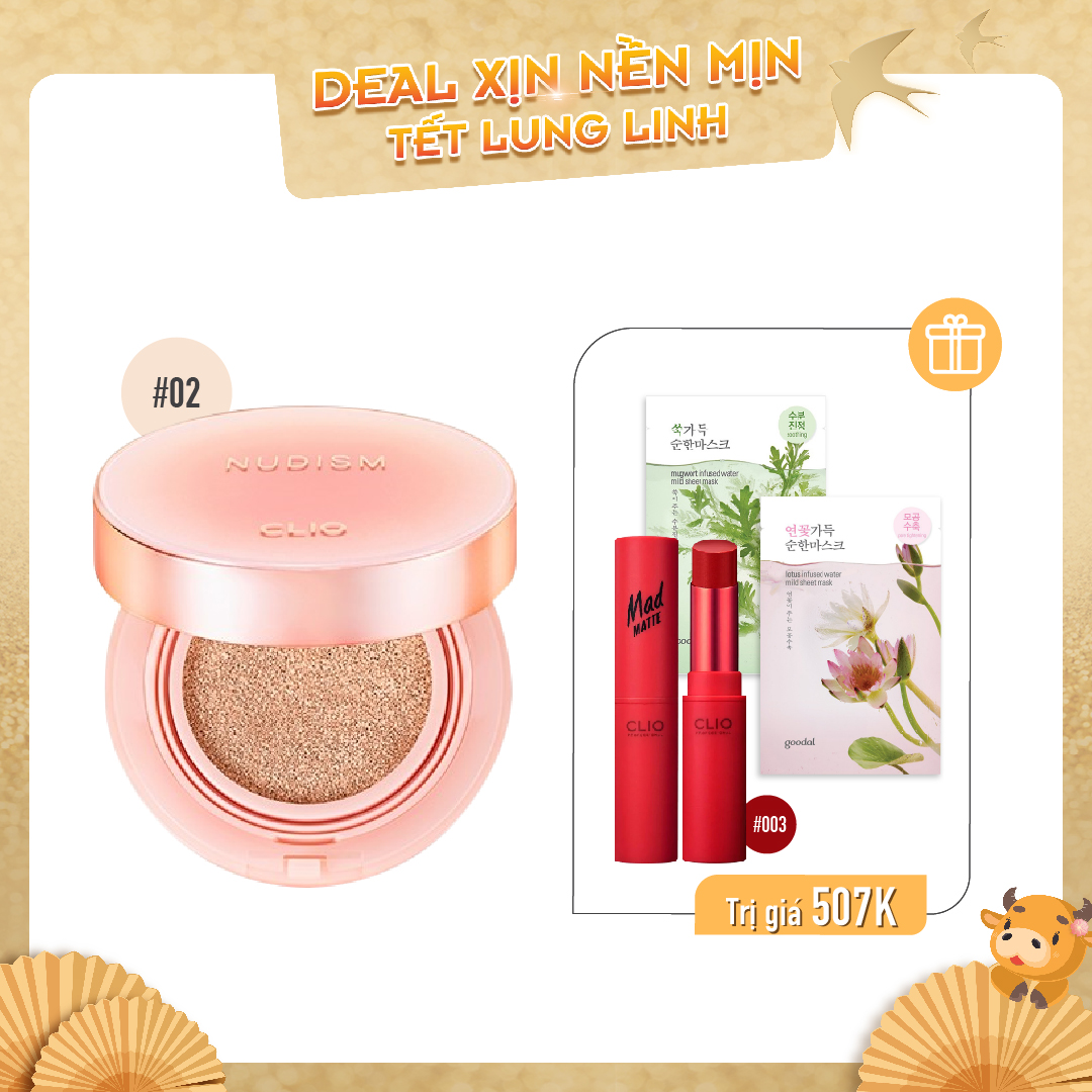 Combo Son Lì & Phấn Nước Dưỡng Ẩm, Che Phủ Cao Clio Nudism Hyaluronic Cover Cushion 02 Lingerie