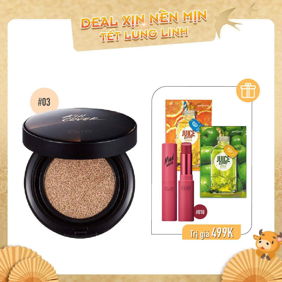 Combo Son Lì & Phấn Nước Trang Điểm Clio Kill Cover Conceal Cushion Spf45/Pa+ + 03 Linen