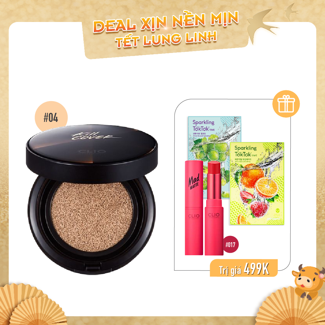 Combo Son Thỏi Lì & Phấn Nước Trang Điểm Clio Kill Cover Conceal Cushion Spf45/Pa+ + 04 Ginger
