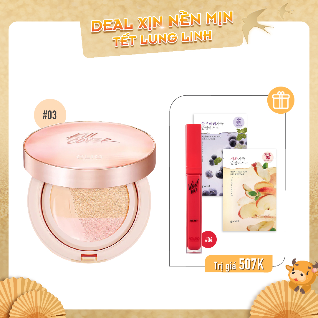 Combo Son Tint & Phấn Nước Hiệu Ứng Căng Bóng Clio Kill Cover Pink Glow Cream Cushion Spf40 Pa++