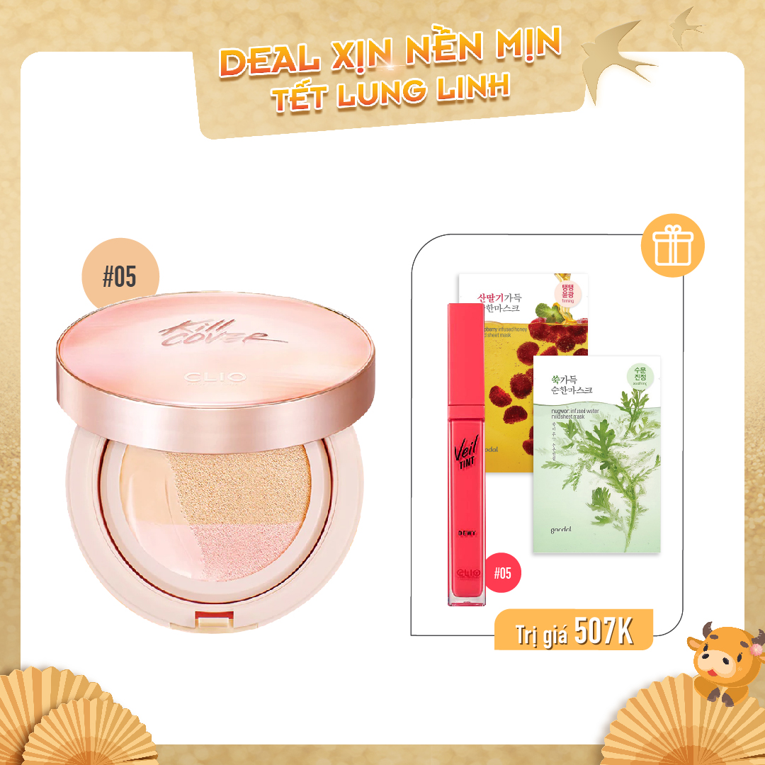 Combo Son Tint Bóng & Phấn Nước Hiệu Ứng Căng Bóng Clio Kill Cover Pink Glow Cream Cushion