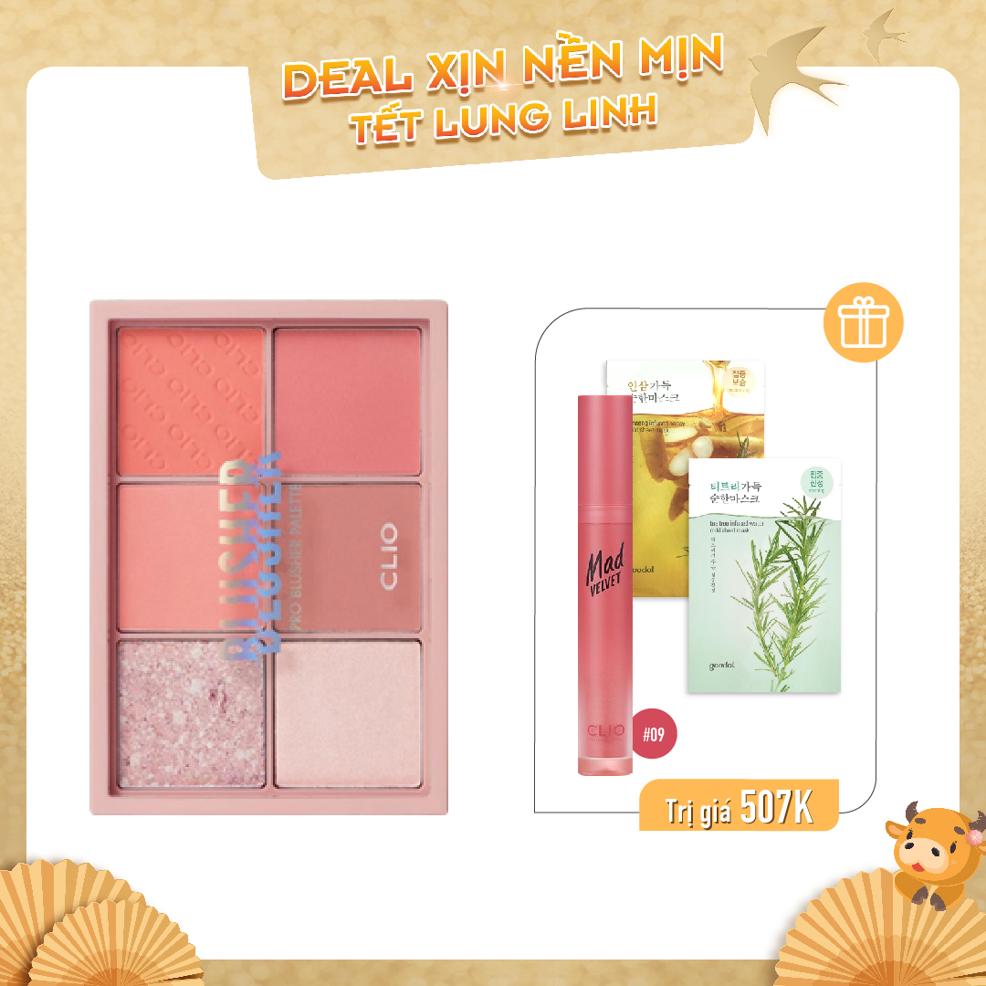 Combo Son Kem Lì & Bảng Phấn Má Hồng Clio Pro Blusher Palette 02 Bloom Pastel