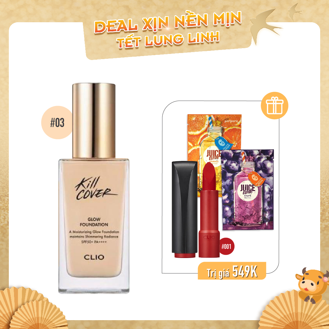 Combo Son Thỏi & Kem Nền Bóng Mượt Clio Kill Cover Glow Foundation Spf50+ Pa++++  03 By Linen