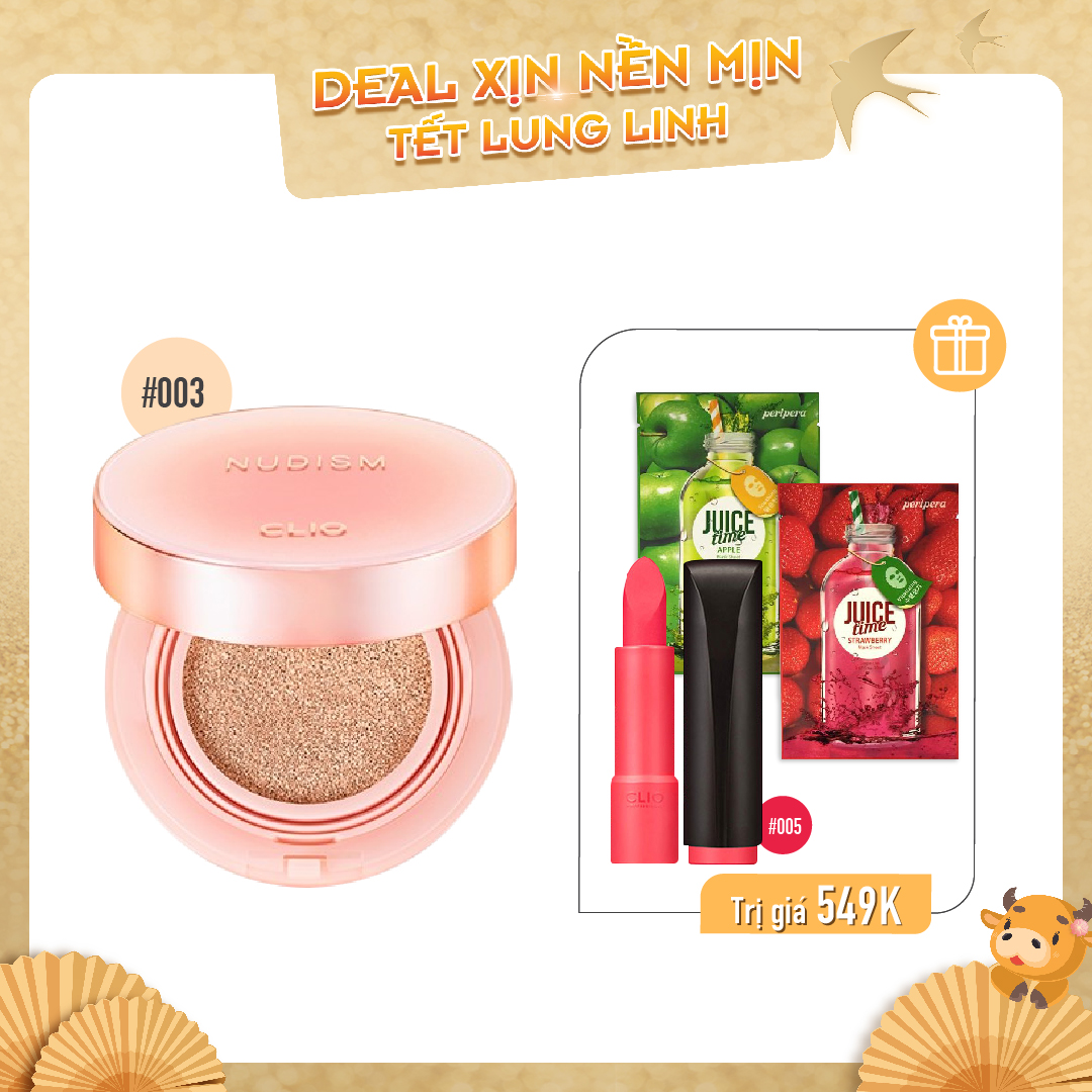 Combo Son Thỏi & Phấn Nước Dưỡng Ẩm, Che Phủ Cao Clio Nudism Hyaluronic Cover Cushion 03 Linen