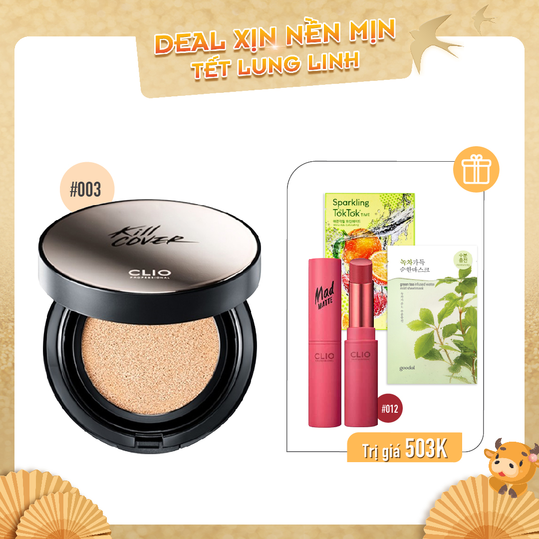 Combo Son Thỏi Lì & Phấn Nước Che Khuyết Điểm Clio Kill Cover Founwear Cushion Xp 003 Linen