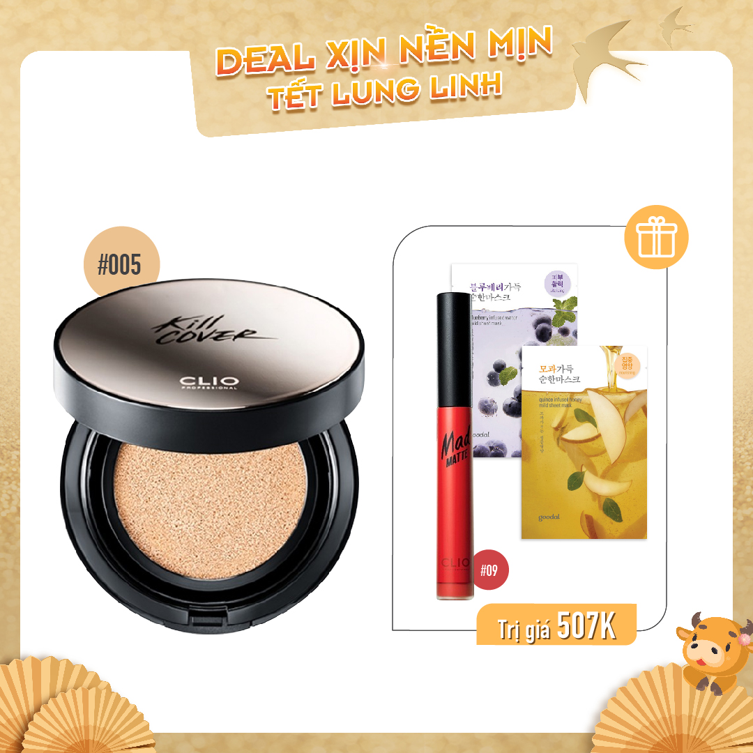 Combo Son Kem & Phấn Nước Che Khuyết Điểm Clio Kill Cover Founwear Cushion Xp 005 Sand