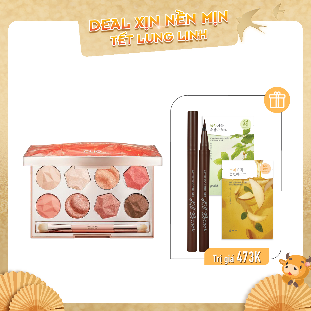 Combo Viền Mắt & Bảng Phấn Mắt Hiệu Ứng Ánh Nhũ Clio Prism Air Eye Palette 001 Coral Sparkle