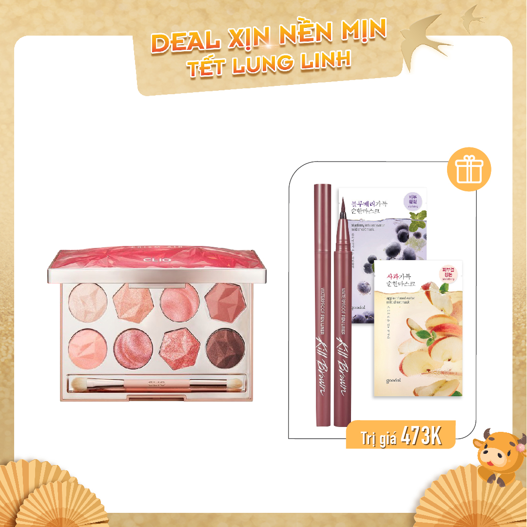 Combo Viền Mắt & Bảng Phấn Mắt Hiệu Ứng Ánh Nhũ Clio Prism Air Eye Palette 02 Pink Addict