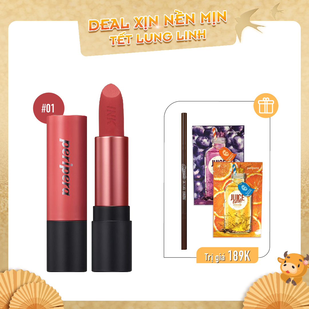 Combo Chì Kẻ Mày & Son Thỏi Lì Peripera Ink Tattoo Stick 01 Hush Pink