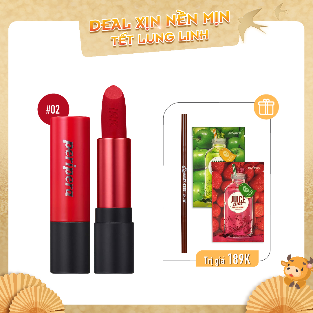 Combo Chì Kẻ Mày & Son Thỏi Lì Peripera Ink Tattoo Stick 02 Lively Red