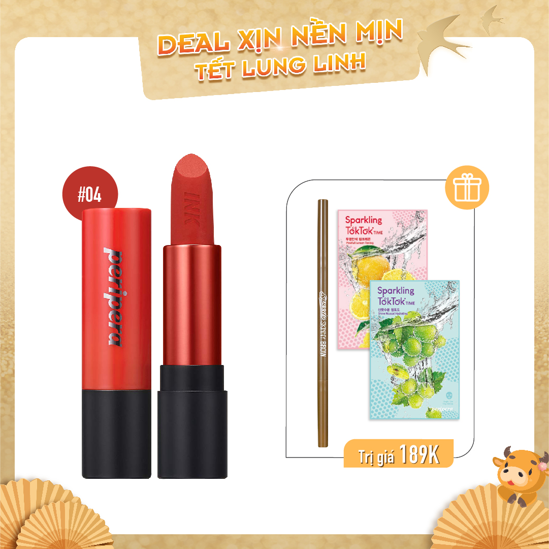 Combo Chì Kẻ Mày & Son Thỏi Lì Peripera Ink Tattoo Stick 04 Thriling Red