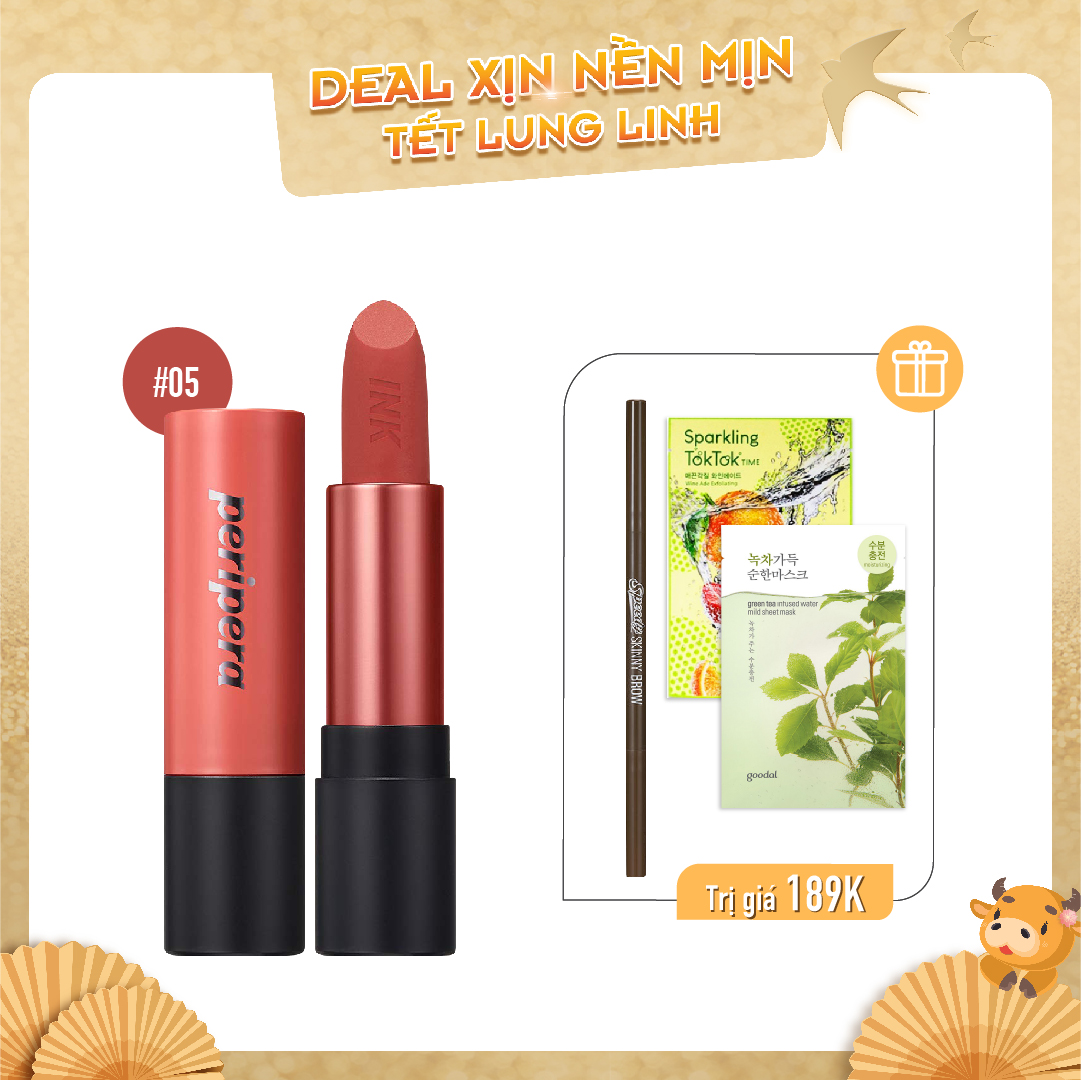 Combo Chì Kẻ Mày & Son Thỏi Lì Peripera Ink Tattoo Stick 05 Coral Teaser