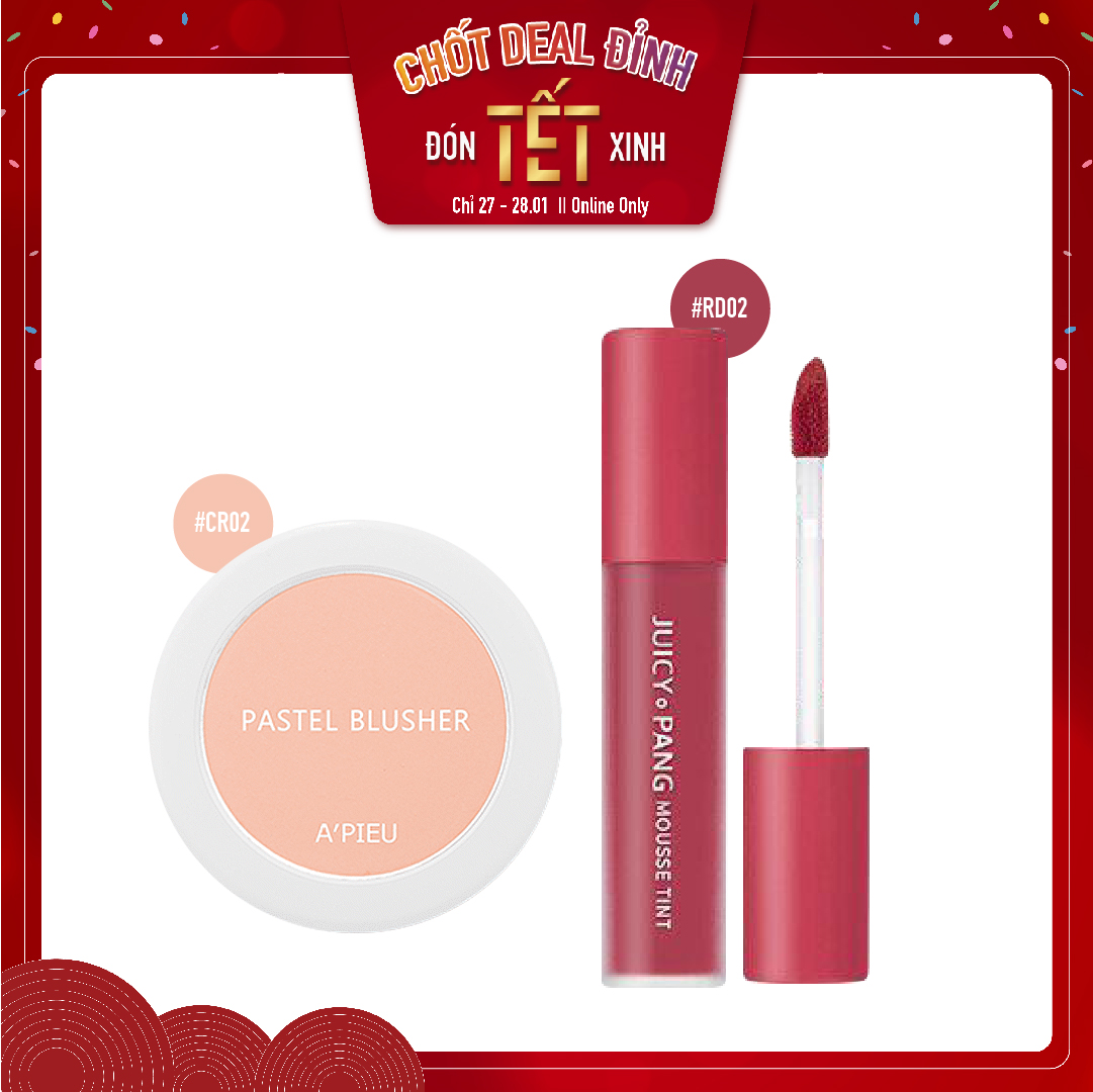 Combo Son Nước Lì & Phấn Má Hồng Hiệu Ứng Tự Nhiên A'pieu Pastel Blusher Cr02