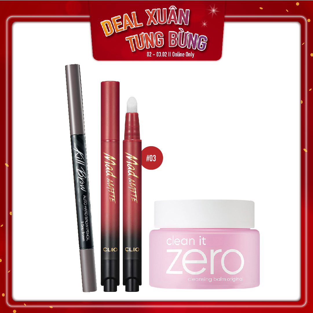 Combo Chì Kẻ Mày & Son Nước Dạng Bấm Clio Mad Matte Stain Tint 03 Heart Point