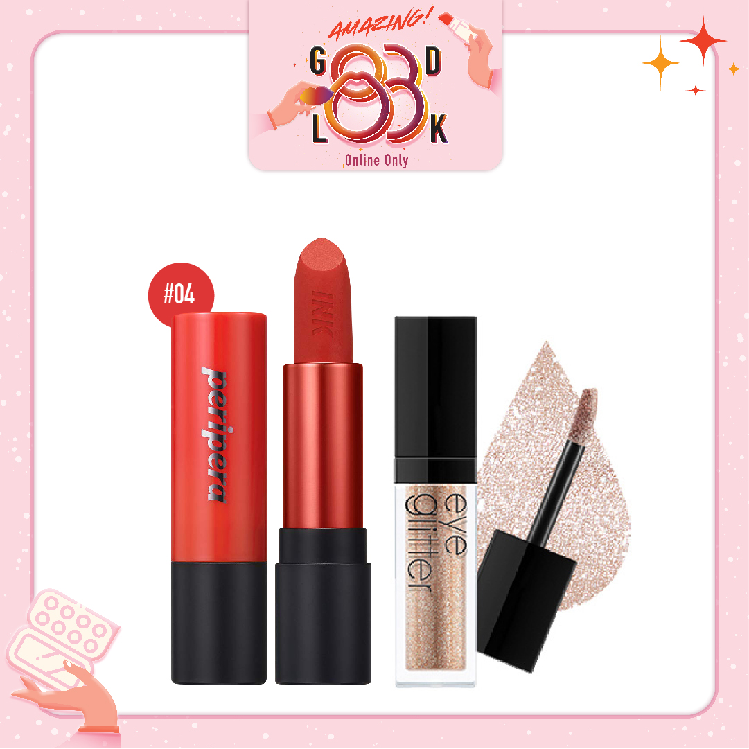 Combo Màu Mắt & Son Thỏi Lì Peripera Ink Tattoo Stick 04 Thriling Red