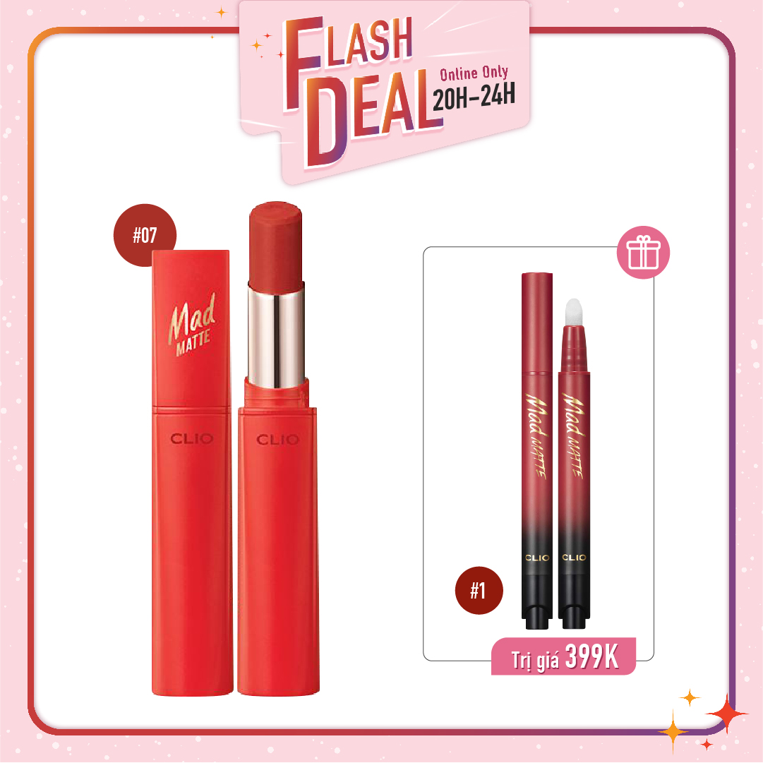 [Fs] Combo Son Nước & Son Thỏi Hiệu Ứng Lì Nhẹ Clio Mad Matte Stain Lips 07 Brick Touch