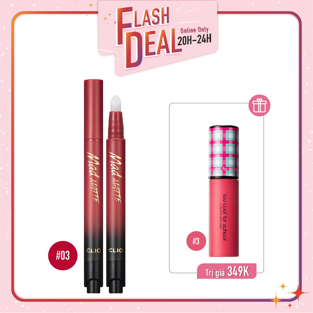 [Fs] Combo Son Kem & Son Nước Dạng Bấm Clio Mad Matte Stain Tint 03 Heart Point