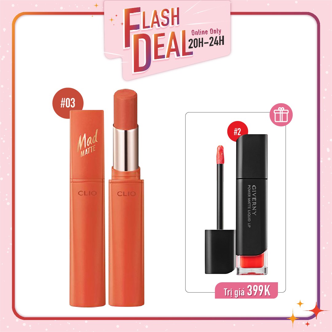 [Fs] Combo Son Kem & Son Thỏi Hiệu Ứng Lì Nhẹ Clio Mad Matte Stain Lips 03 Peach Pillow