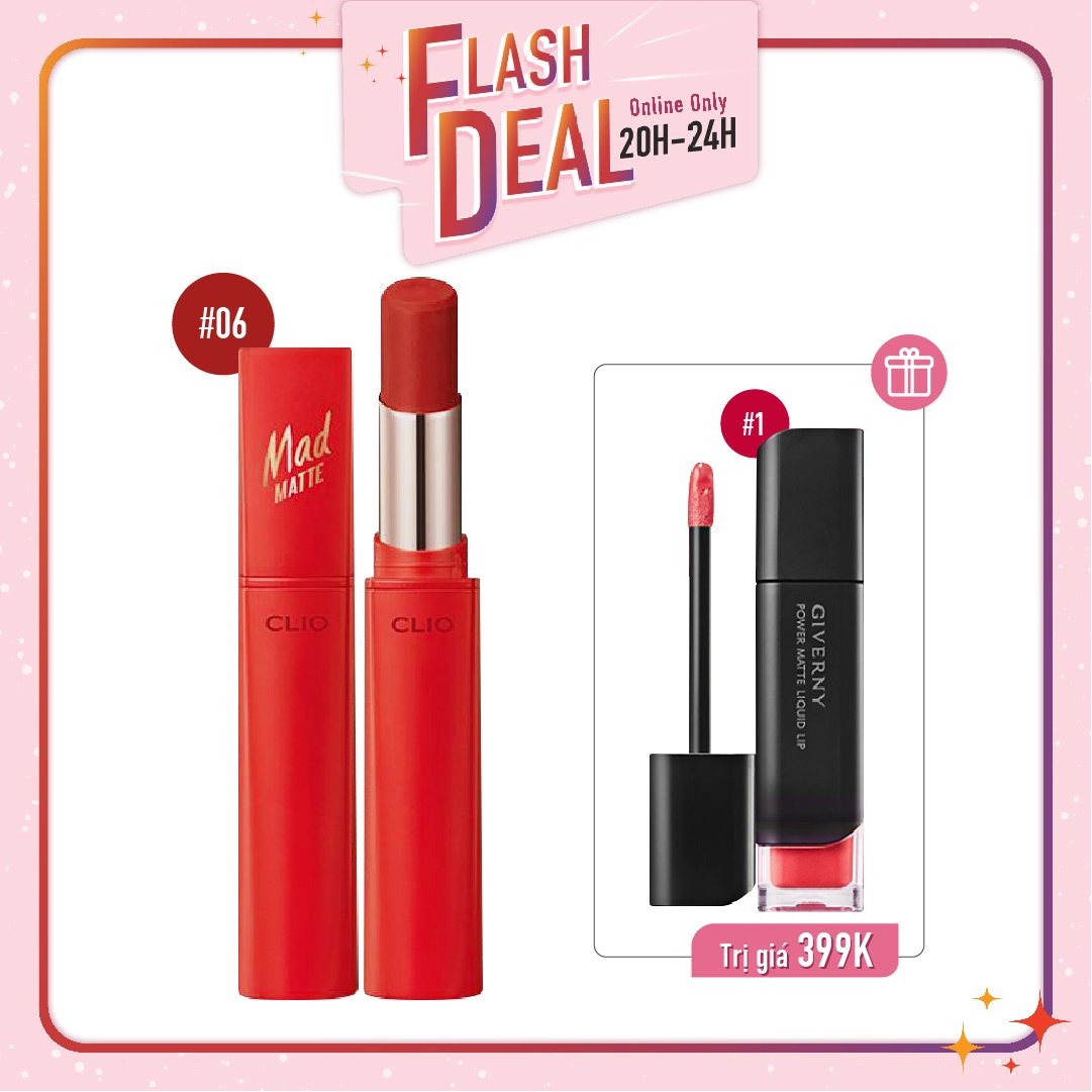 [Fs] Combo Son Kem & Son Thỏi Hiệu Ứng Lì Nhẹ Clio Mad Matte Stain Lips 06 Red Made