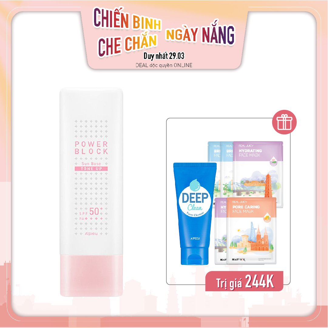 Combo Kem Chống Nắng Nâng Tông A'pieu Power Block Tone Up Sun Base Pink Spf50+/Pa++++ (50Ml)
