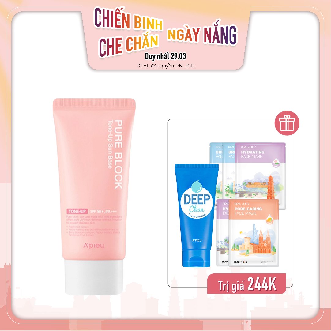 Combo Kem Chống Nắng Nâng Tông Da A'pieu Pure Block Tone - Up Sun Base Spf50+/Pa+++